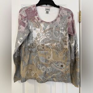 Chico’s Embellished Paisley Top Size 1 Long Sleeve Beaded Cotton Blen